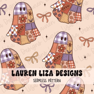 May include: A seamless pattern featuring ghost shapes constructed from patchwork squares in shades of orange, purple, and white. The ghosts have floral, gingham, and checkered prints, interspersed with small orange bows and four-pointed stars.