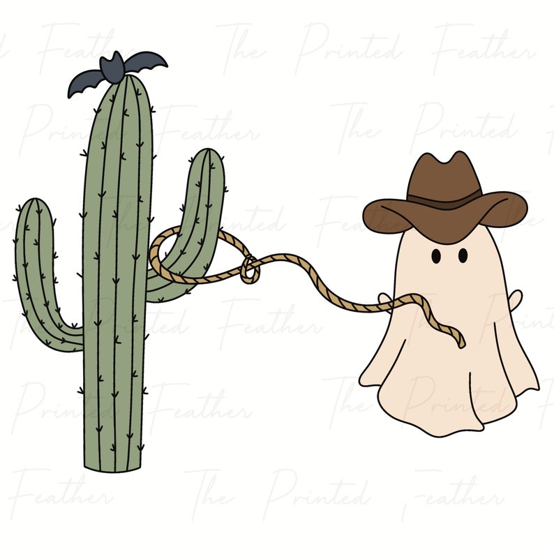 May include: A cartoon ghost wearing a cowboy hat is lassoing a green cactus with a brown rope. The ghost is white with black eyes and a brown mouth. The cactus has a bat on top of it.