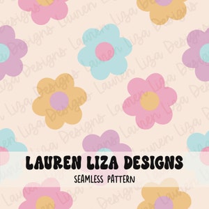 May include: A seamless pattern featuring pastel colored flowers with a white background. The text "LAUREN LIZA DESIGNS" and "SEAMLESS PATTERN" is included in the design.
