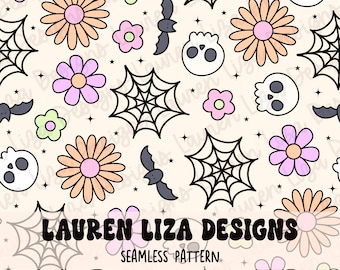 Könnte beinhalten: Ein nahtloses Muster mit verschiedenen Halloween-Elementen, darunter Schädel, Fledermäuse, Spinnweben und Blumen in den Farben Rosa, Orange und Grün. Der Text "LAUREN LIZA DESIGNS" und "SEAMLESS PATTERN" ist ebenfalls enthalten.