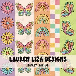 May include: Seamless pattern featuring colorful butterflies, rainbows, and flowers in a repeating design. The pattern includes the text "LAUREN LIZA DESIGNS SEAMLESS PATTERN" in a retro font. The color palette includes pastel shades of pink, orange, yellow, green, and blue.