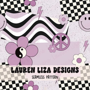 May include: A seamless pattern featuring a retro 70s aesthetic with a purple, white, and black color scheme. The pattern includes peace signs, flowers, smiley faces, and lightning bolts. The text "LAUREN LIZA DESIGNS" and "SEAMLESS PATTERN" is included in the design.