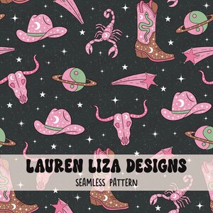 Cosmic Cowgirl Seamless Pattern for Fabric Sublimation, Cowgirl Hat Repeating Design, Digital Scrapbook Paper, Surface Pattern