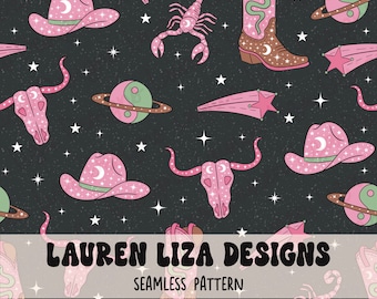 Cosmic Cowgirl Seamless Pattern for Fabric Sublimation, Cowgirl Hat Repeating Design, Digital Scrapbook Paper, Surface Pattern