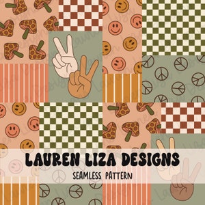 May include: A seamless pattern featuring a variety of retro designs, including peace signs, smiley faces, mushrooms, and peace signs. The pattern is in a patchwork style, with different colours and textures. The text "LAUREN LIZA DESIGNS" and "SEAMLESS PATTERN" is included in the design.