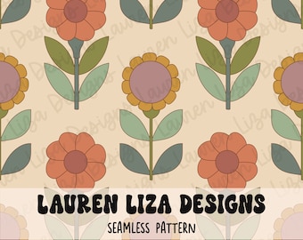 Könnte beinhalten: Ein nahtloses Muster mit einem sich wiederholenden Design aus stilisierten Blumen in Orange-, Gelb-, Grün- und Brauntönen auf beigefarbenem Hintergrund. Der Text "LAUREN LIZA DESIGNS" und "SEAMLESS PATTERN" ist im Design enthalten.