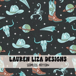 May include: A seamless pattern featuring a variety of celestial and western-inspired elements, including stars, a crescent moon, a scorpion, a skull with horns, a cowboy boot, a cowboy hat, and a shooting star. The pattern is set against a dark blue background with a subtle speckled texture.