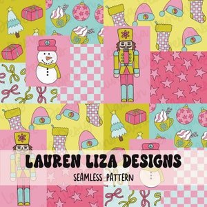以下が含まれることがあります： クリスマスをテーマにしたイラストが特徴のカラフルなシームレスパターン。雪だるま、くるみ割り人形、オーナメント、ギフト、その他のお祝いの要素が含まれています。「LAUREN LIZA DESIGNS SEAMLESS PATTERN」の文字が画像の下部に表示されています。