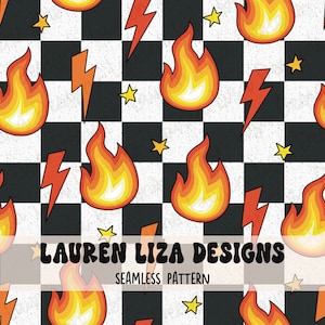 May include: A seamless pattern featuring flames, lightning bolts, and stars on a black and white checkered background. The pattern is in a retro style with a grunge aesthetic. The text "LAUREN LIZA DESIGNS" and "SEAMLESS PATTERN" is included in the design.