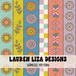 May include: A seamless pattern featuring a variety of colourful floral and geometric designs. The pattern includes yellow, blue, pink, and green colours. The text "LAUREN LIZA DESIGNS" and "SEAMLESS PATTERN" is included in the design.