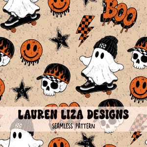 May include: A seamless pattern on a beige background featuring white ghosts on skateboards, orange melting smiley faces, black skulls with flame-patterned caps, black stars, orange and black checkered lightning bolts, and the text BOO.