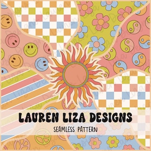 May include: A seamless pattern design with a retro theme. The design includes smiley faces, flowers, yin-yang symbols, and a sun graphic. The colour palette features pink, orange, blue, and green hues. The text "LAUREN LIZA DESIGNS" and "SEAMLESS PATTERN" are also included in the design.