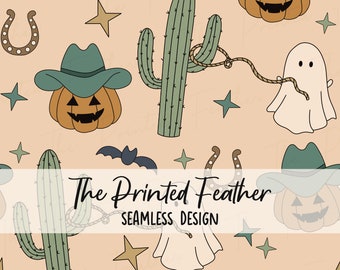Western Halloween Seamless Pattern for Fabric Sublimation, Boho Western Ghost Repeat Design, Cowboy Digital Scrapbook Paper, Surface Pattern