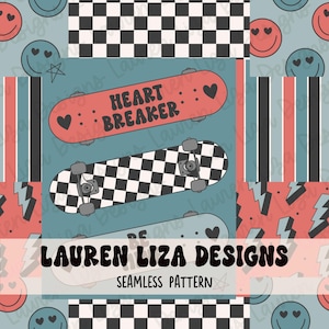 May include: Seamless pattern design featuring skateboards, checkerboard patterns, lightning bolts, and smiley faces. The skateboards have the text "HEART BREAKER" and are in red and black. The design includes the text "LAUREN LIZA DESIGNS SEAMLESS PATTERN".