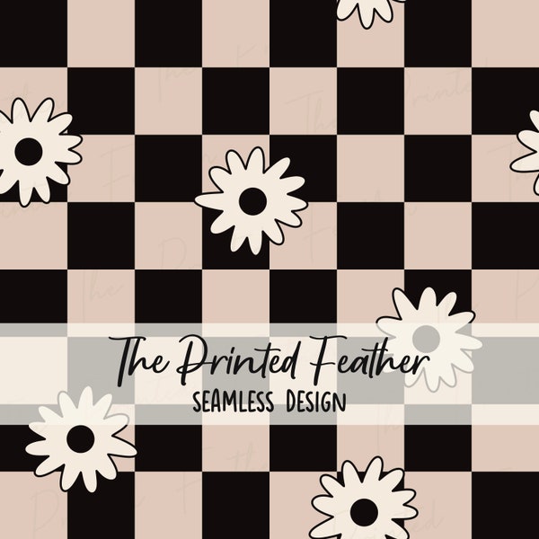 Retro Black and Tan Floral Checkers Seamless Repeating Pattern for Fabric Sublimation; Daisy Flowers Checkerboard Digital Paper Design