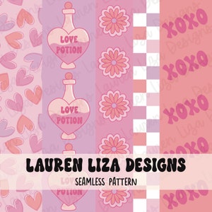 May include: A digital seamless pattern set featuring four different designs. The first design is a pink background with pink hearts. The second design is a purple background with a repeating pattern of a heart-shaped bottle with the text "LOVE POTION". The third design is a pink background with a repeating pattern of a pink flower. The fourth design is a pink background with a repeating pattern of the text "XOXO".