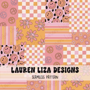 May include: A seamless pattern featuring a variety of retro designs, including peace signs, smiley faces, yin-yang symbols, and flowers. The pattern is in shades of pink, orange, and white, and is perfect for use in a variety of creative projects.