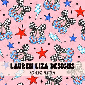 Könnte beinhalten: Nahtloses Muster mit Kirschen mit karierten Schleifen, blauem Leopardenmuster, roten Sternen, blauen Sternen und Blitzen auf rosa Hintergrund. Der Text "LAUREN LIZA DESIGNS" und "SEAMLESS PATTERN" sind ebenfalls sichtbar.