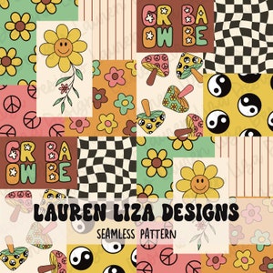 May include: A seamless pattern featuring a variety of retro-inspired designs, including flowers, mushrooms, peace signs, yin-yang symbols, and checkered patterns. The pattern is in a bright colour palette of yellow, green, brown, and pink. The text "GR BA OW BE" is repeated throughout the pattern.