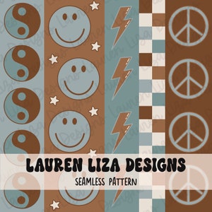 May include: A seamless pattern featuring four different designs: a yin yang symbol, a smiley face, a lightning bolt, and a peace sign. The pattern is in shades of brown, blue, and white.