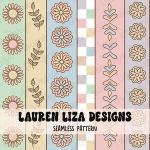 May include: A seamless pattern featuring five vertical stripes with different designs. The stripes include a light green stripe with yellow flowers, a beige stripe with brown branches, a light blue stripe with pink and yellow flowers, a white and pastel checkered stripe, a pink stripe with blue and brown arrow shapes, and a light purple stripe with pink flowers.