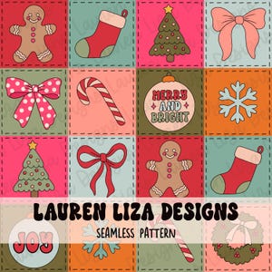 May include: A festive Christmas seamless pattern with gingerbread men, bows, Christmas trees, baubles, snowflakes, and stockings. The words "MERRY AND BRIGHT" and "JOY" are visible. The design includes the text "LAUREN LIZA DESIGNS SEAMLESS PATTERN".