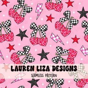 May include: Seamless pattern design featuring pink heart-shaped cherries with leopard print, black and white checkered bows, black stars, and pink lightning bolts on a pink background. The text "LAUREN LIZA DESIGNS" and "SEAMLESS PATTERN" are also visible.