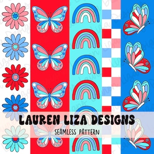 Puede incluir: Un patrón sin costuras con mariposas, arcoíris y flores rojas, blancas y azules. El patrón es perfecto para telas, papel tapiz u otros proyectos creativos.  "LAUREN LIZA DESIGNS" y "SEAMLESS PATTERN" están escritos en el centro de la imagen.
