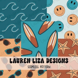 May include: A set of four seamless patterns featuring summer-themed designs. The patterns include blue waves, brown surfboards, yellow smiley faces, and orange starfish on a brown background. The text "LAUREN LIZA DESIGNS" and "SEAMLESS PATTERN" is included in the image.