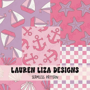 Peut inclure: Un ensemble de quatre motifs sans couture sur le thème nautique et plage. Les motifs comprennent des voiliers roses et violets, des ancres, des coquillages et des étoiles de mer sur un fond à carreaux rose et violet. Le texte "LAUREN LIZA DESIGNS" et "SEAMLESS PATTERN" est inclus dans l'image.