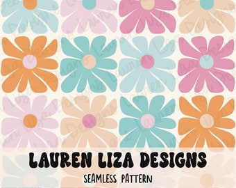 Könnte beinhalten: Ein nahtloses Muster mit einem sich wiederholenden Design aus stilisierten Blumen in Orange-, Rosa-, Blau- und Beigetönen. Die Blumen haben einen Retro-Look der 70er Jahre.