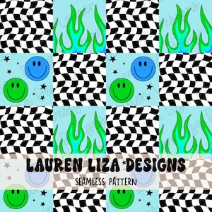 Boy Checkers with Flames Seamless File for Fabric Sublimation, Repeating Pattern, Digital Scrapbook Paper, Surface Pattern