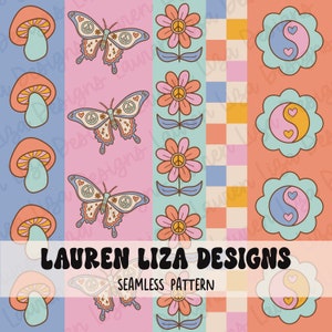 May include: A seamless pattern featuring a variety of retro-inspired designs, including mushrooms, butterflies, flowers, and yin-yang symbols. The pattern is in a pastel colour palette of pink, blue, and yellow.