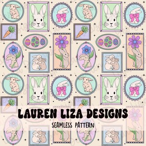 May include: A seamless pattern featuring pastel coloured frames with cute bunny illustrations. The frames are decorated with flowers, carrots, and Easter eggs. The text "LAUREN LIZA DESIGNS" and "SEAMLESS PATTERN" is included in the design.