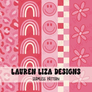May include: A seamless pattern design featuring four different pink and white patterns. The patterns include a leopard print, rainbows, smiley faces, and flowers. The text "LAUREN LIZA DESIGNS" and "SEAMLESS PATTERN" is included in the design.