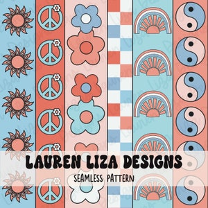 Puede incluir: Un patrón sin costuras que presenta una variedad de diseños de inspiración retro, incluyendo signos de paz, soles, flores, arcoíris y símbolos yin-yang. El patrón está en una paleta de colores pastel de rosa, azul y naranja.