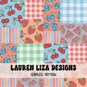 May include: A digital paper pack with 10 seamless patterns featuring various fruits and berries, including strawberries, blueberries, cherries, and watermelon. The patterns are in a variety of colors, including red, blue, green, and pink. The patterns are perfect for use in digital scrapbooking, card making, and other crafting projects.