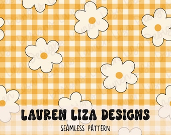 Gingham Checkerboard with Daisies, Seamless File for Fabric Sublimation, Repeating Pattern, Digital Scrapbook Paper, Surface Pattern