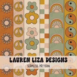 May include: A seamless pattern featuring a variety of retro-inspired designs, including peace signs, flowers, suns, rainbows, and yin-yang symbols. The pattern is in a warm colour palette of orange, yellow, brown, and green.
