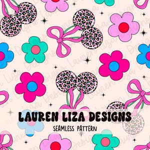 Lazos de cerezas con estampado de leopardo, patrón sin costuras de margaritas para sublimación de tela, patrón de superficie de papel para álbum de recortes digital con diseño repetido