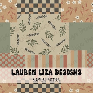 May include: A patchwork design with floral, polka dot, striped, and chequered patterns in brown, green, and beige. The text "LAUREN LIZA DESIGNS" and "SEAMLESS PATTERN" are displayed. A variety of botanical elements are also present.