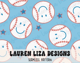 Retro Baseball, Red White and Blue, Seamless File for Fabric Sublimation, Repeating Design, Digital Scrapbook Paper, Surface Pattern