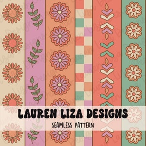 May include: A seamless pattern design featuring vertical stripes with different floral and geometric motifs. The stripes are in shades of peach, pink, beige, and teal. The pattern includes stylized flowers, leaves, and geometric shapes.