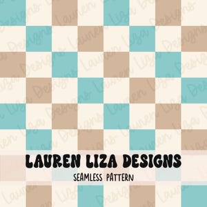 Puede incluir: Un patrón sin costuras con un diseño de tablero de ajedrez. Los cuadrados se alternan entre beige, azul claro y blanco roto. El texto "LAUREN LIZA DESIGNS" y "SEAMLESS PATTERN" se muestra en negro en la parte inferior de la imagen.