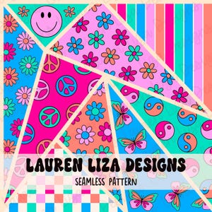 Peut inclure: Un collage numérique de 7 motifs sans couture différents dans un style rétro des années 70. Les motifs comprennent des signes de paix, des fleurs, des papillons, des symboles yin yang et des rayures. Le texte "LAUREN LIZA DESIGNS" et "SEAMLESS PATTERN" se trouve en bas de l'image.