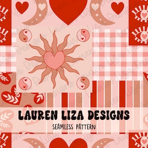 May include: A seamless pattern featuring a pink background with red hearts, suns, moons, yin-yang symbols, and gingham check patterns. The text "LAUREN LIZA DESIGNS" and "SEAMLESS PATTERN" is included in the design.