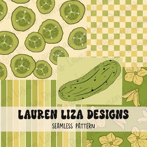 May include: Four seamless patterns featuring green cucumbers and yellow flowers. The patterns are on a white, green, and yellow background. The text "LAUREN LIZA DESIGNS" and "SEAMLESS PATTERN" is at the bottom of the image.