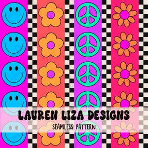 May include: A seamless pattern featuring a repeating design of smiley faces, peace signs, and flowers in a retro 70s style. The background is a black and white chequered pattern. The text "LAUREN LIZA DESIGNS" and "SEAMLESS PATTERN" is included in the design.