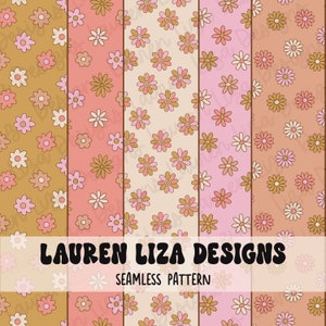 May include: Five seamless patterns featuring a repeating design of brown and pink flowers on a light brown, pink, or light purple background. The text "LAUREN LIZA DESIGNS" and "SEAMLESS PATTERN" is at the bottom of the image.