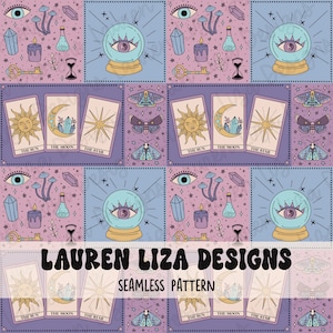 May include: A seamless pattern featuring a variety of mystical and magical elements, including tarot cards, crystals, a crystal ball, a candle, a key, a potion bottle, a moth, and mushrooms. The pattern is in shades of purple, pink, and blue.